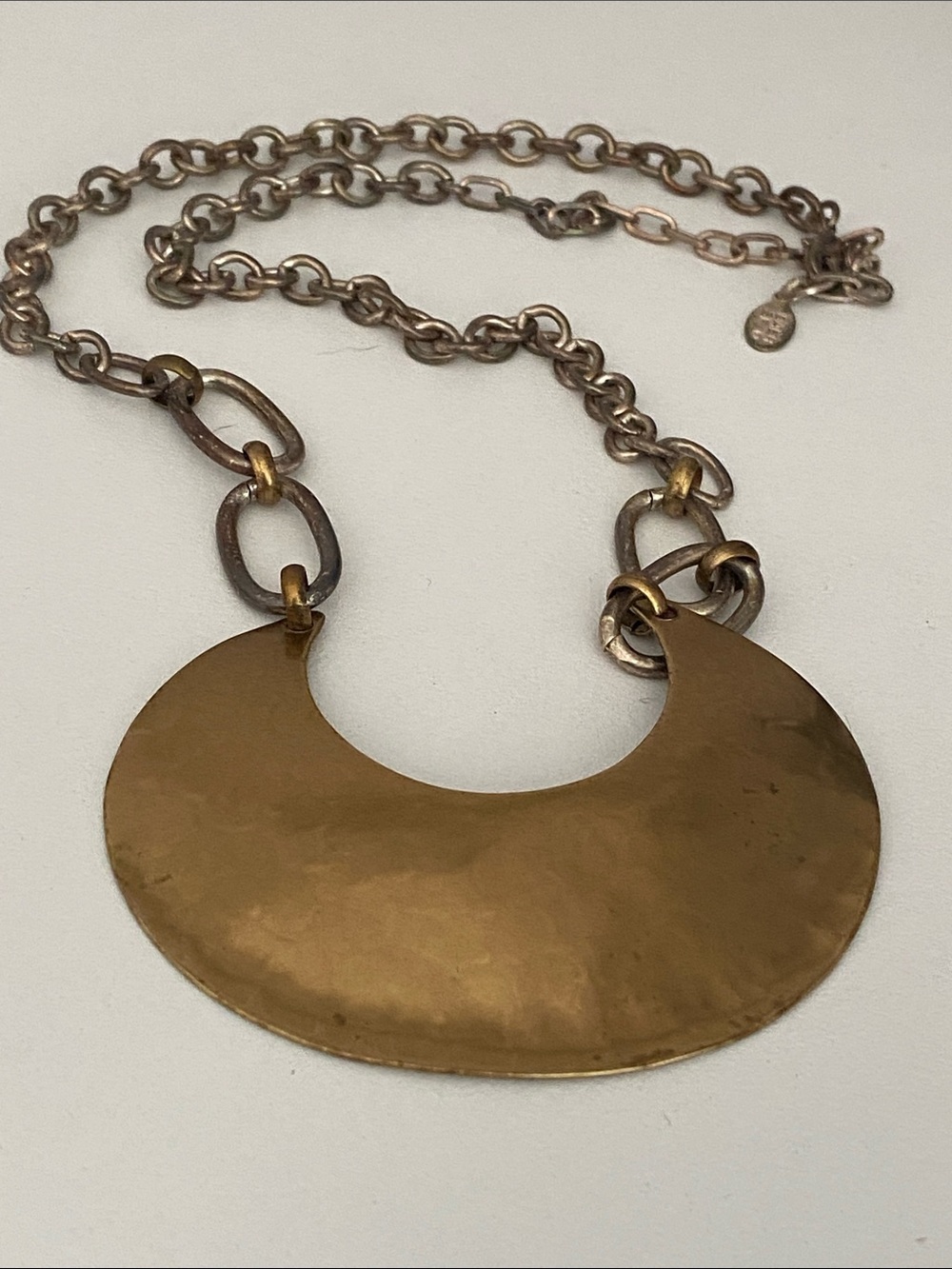 Marjorie Baer vintage hammered brass half crescent 🌙 moon 🌕 pendant necklace